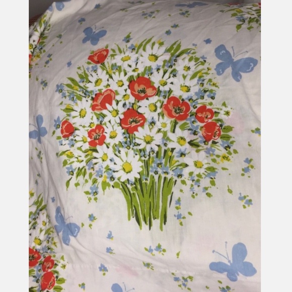 Vintage Morgan Jones Flower Basket Butterflies White Twin Flat Sheet Daisies - Picture 1 of 1